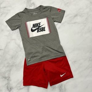 Nike Boys Grey Baseball Shirt and Red Mesh Shorts Set | Size 6